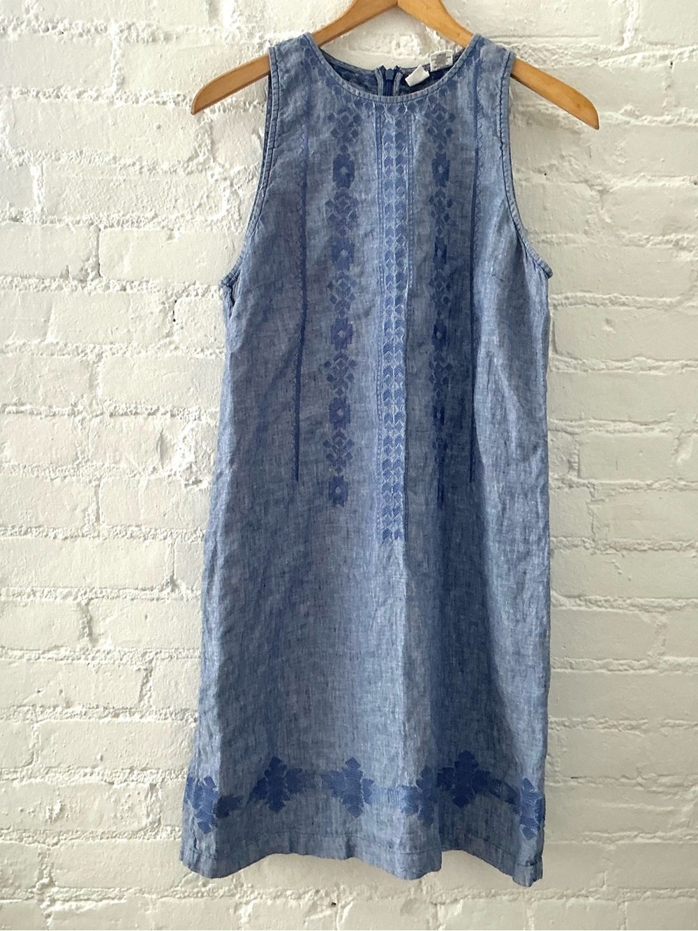 Artisan 100% Linen sleeveless Shift Dress Embroidered Accent Blue Coastal Boho 8